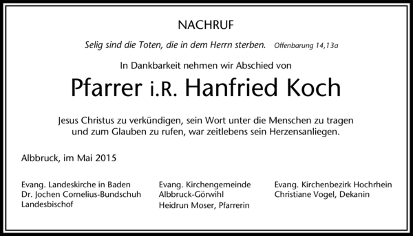 Nachruf Pfarrer Hanfried Koch